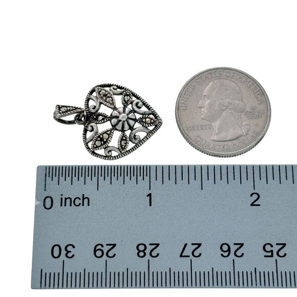 Vintage Sterling Silver 925 Milgrain Scroll Marcasite Open Heart Pendant - Picture 5 of 5